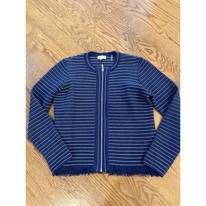 KINROSS Navy Stripe‎ Textured Fringe Zip Cardigan. Size Large